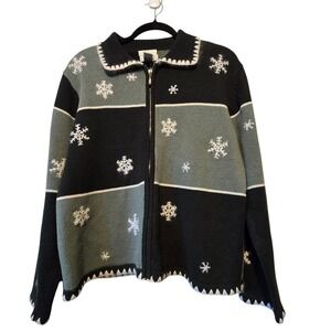 Vintage Christopher Banks Embroidery  Snowflake Sweater Cardigan Womens LG Green